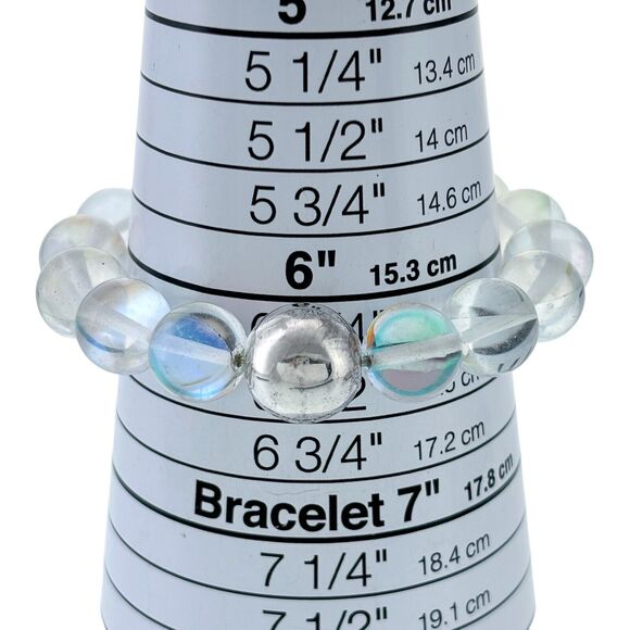 Vintage Silver Tone 12mm Opalescent Frosted Glass Bead Stretch Bracelet 6.25" - Picture 3 of 5